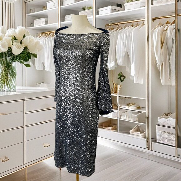 THEIA Midnight Sequin Sheath Dress in Size 10 Fully Lined - Picture 6 of 12